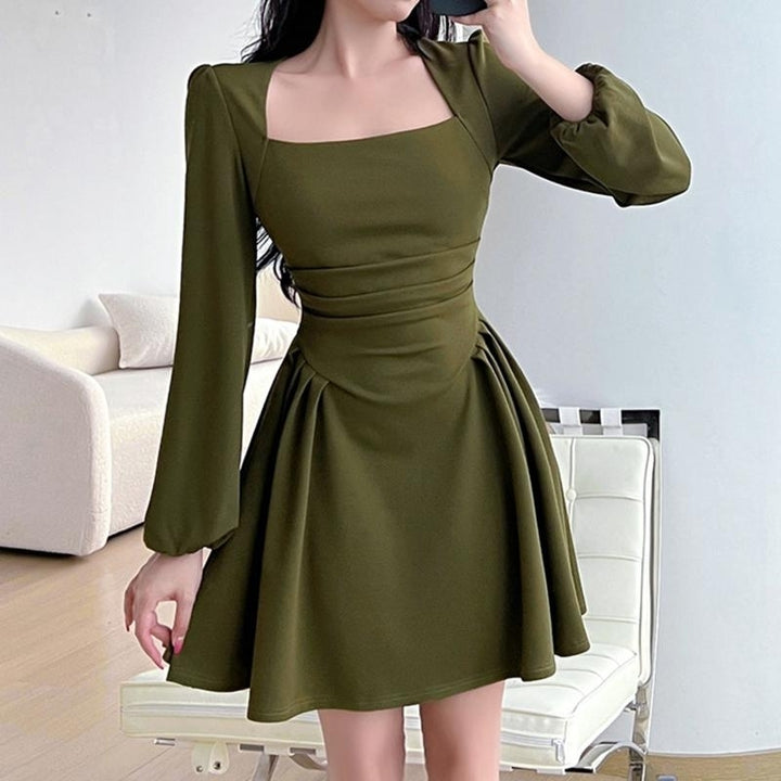 French Retro Long Sleeve Dresses Thin Temperament Mid-length Tea Break Dresses Ruffle Puffy Sleeve Dress Image 2