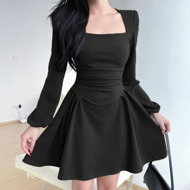 French Retro Long Sleeve Dresses Thin Temperament Mid-length Tea Break Dresses Ruffle Puffy Sleeve Dress Image 3