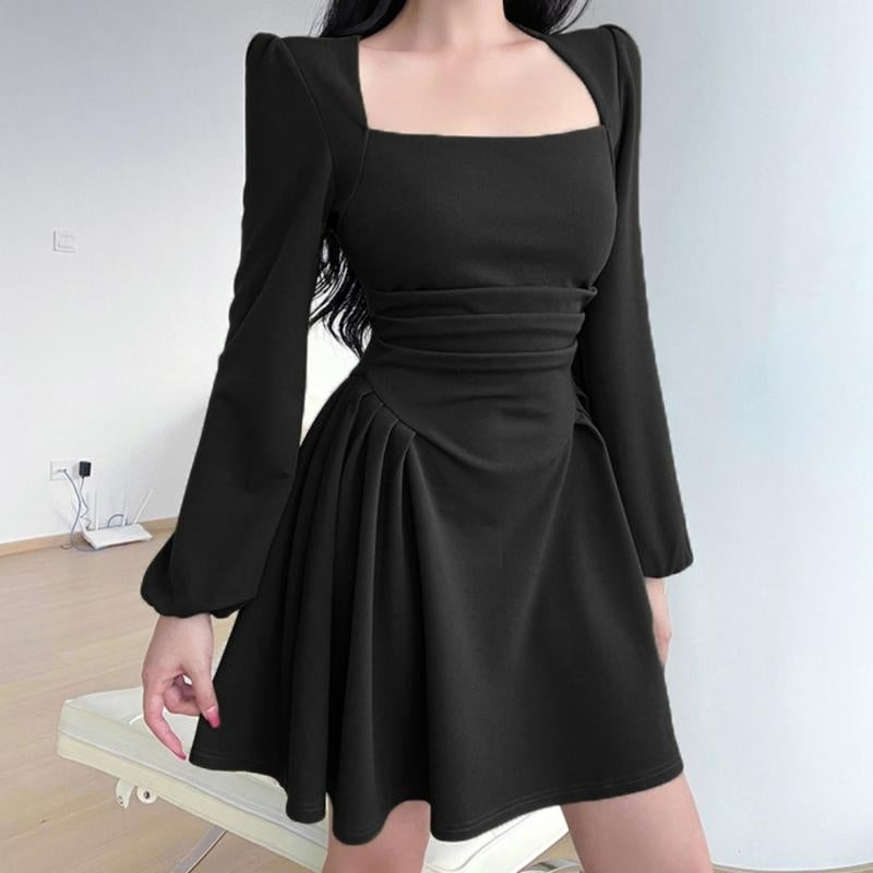 French Retro Long Sleeve Dresses Thin Temperament Mid-length Tea Break Dresses Ruffle Puffy Sleeve Dress Image 4