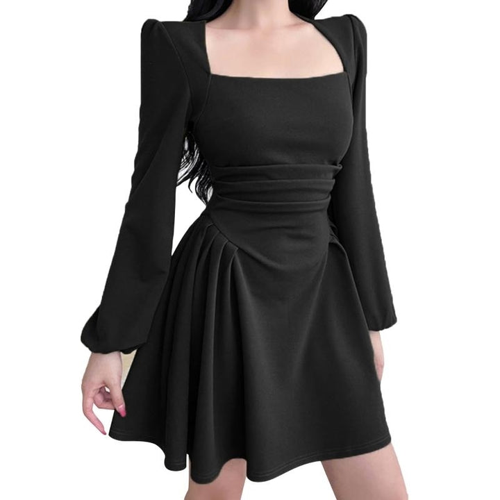 French Retro Long Sleeve Dresses Thin Temperament Mid-length Tea Break Dresses Ruffle Puffy Sleeve Dress Image 4