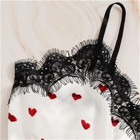 V-Neck Heart Print Lace Satin Camisole Pajamas for Women Bowknot Shorts Sexy Lingerie Set Sleepwear Image 4