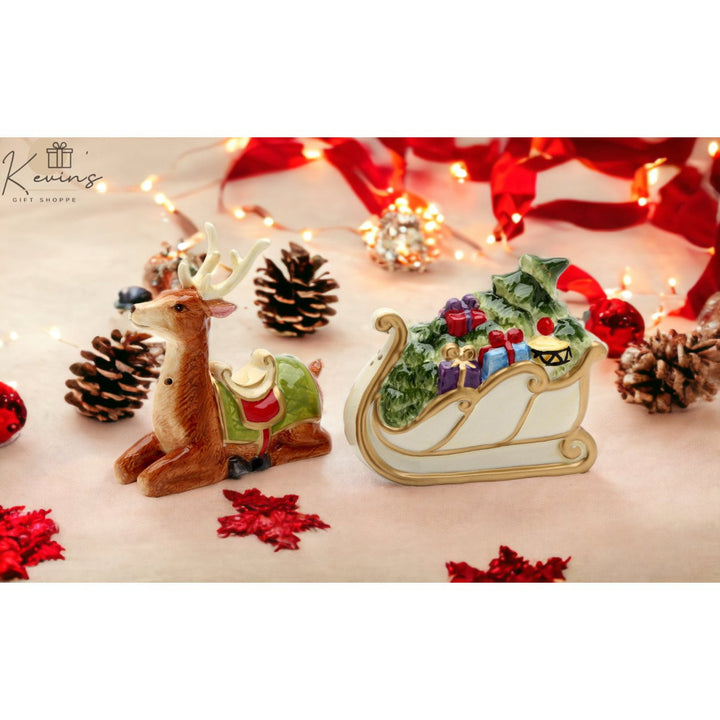 Ceramic Christmas Sleigh Deer Salt Pepper Shakers Image 1