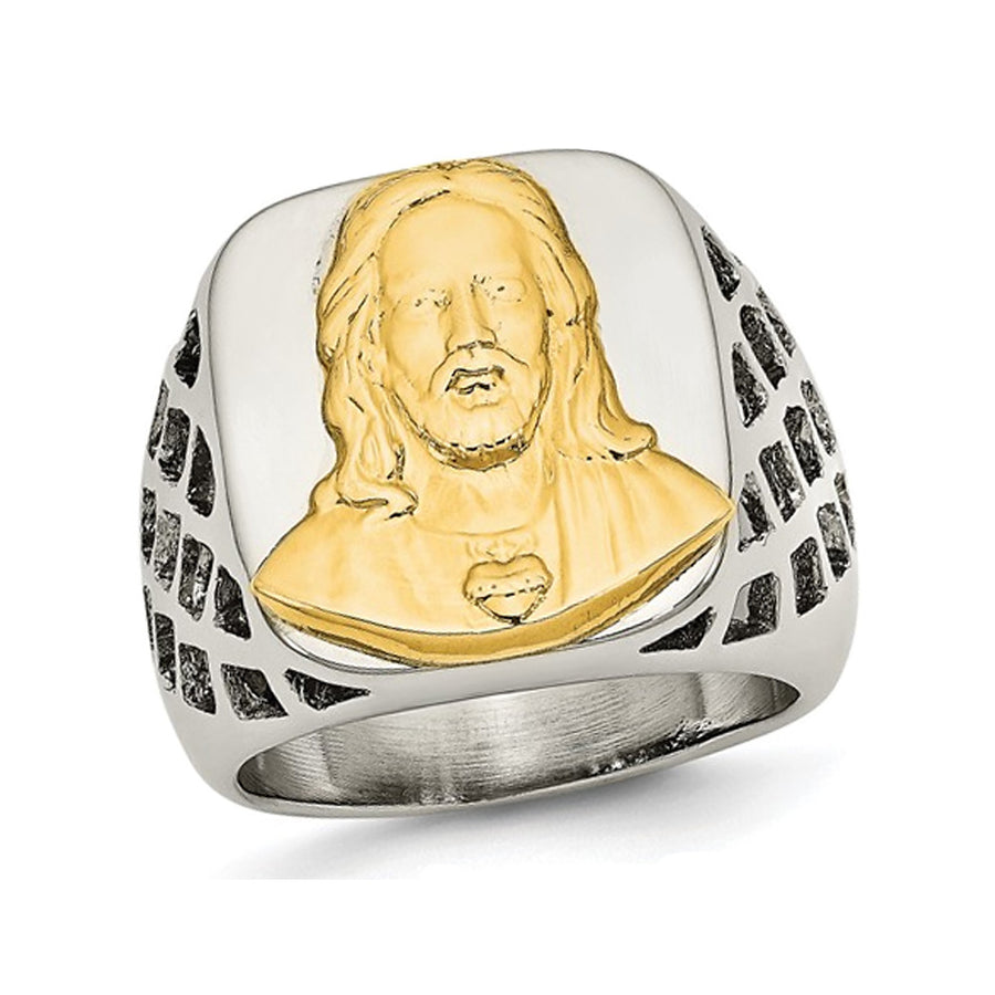 Mens Stainless Steel with Sterling Silver Jesus Ring Image 1