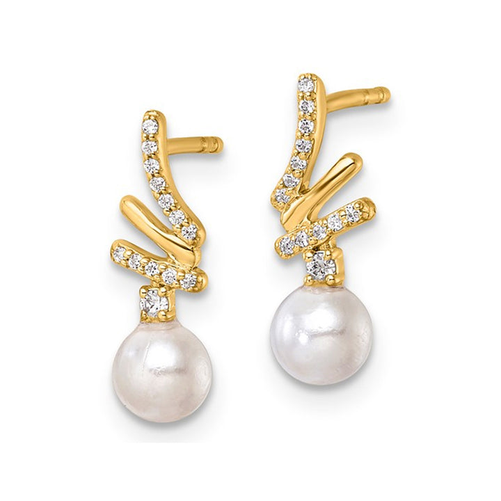 10K Yellow Gold Freshwater Cultured Pearl Earrings with Diamonds Image 3