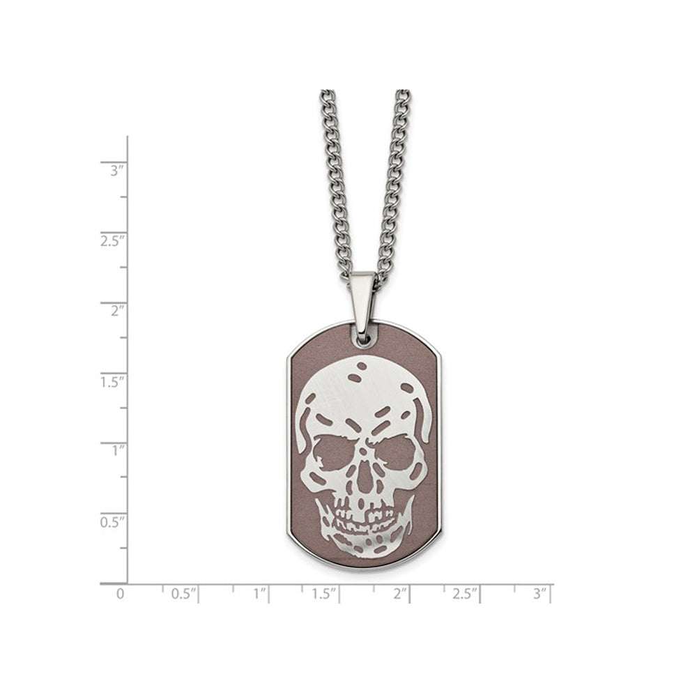 Mens Stainless Steel Brown Plated Skull Dog Tag Pendant Necklace with Chain Image 2