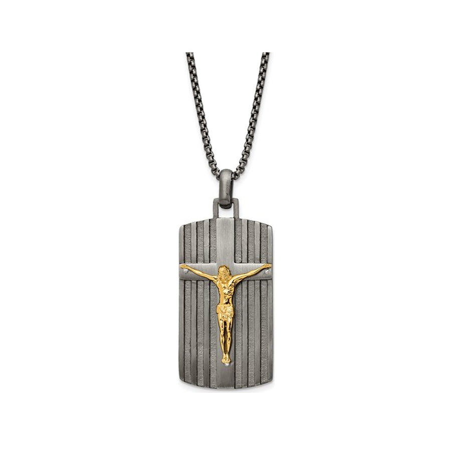 Mens Stainless Steel Crucifix Dog tag Pendant Necklace with Chain (24 Inches) Image 1