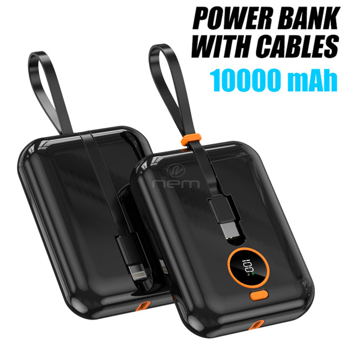 For Universal Fast Charge Power Bank Battery Portable Charger 10000mAh Built-In Lightning / Type-C Cable Image 1