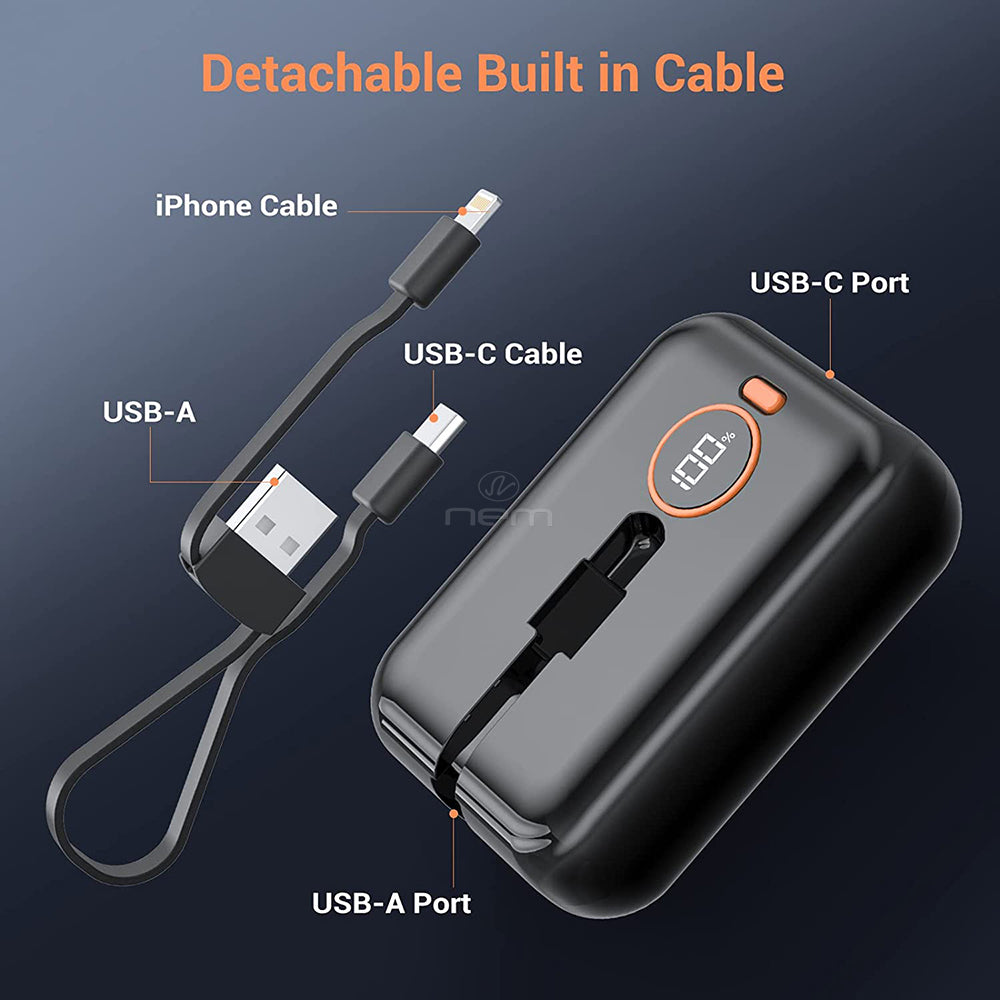 For Universal Fast Charge Power Bank Battery Portable Charger 10000mAh Built-In Lightning / Type-C Cable Image 2