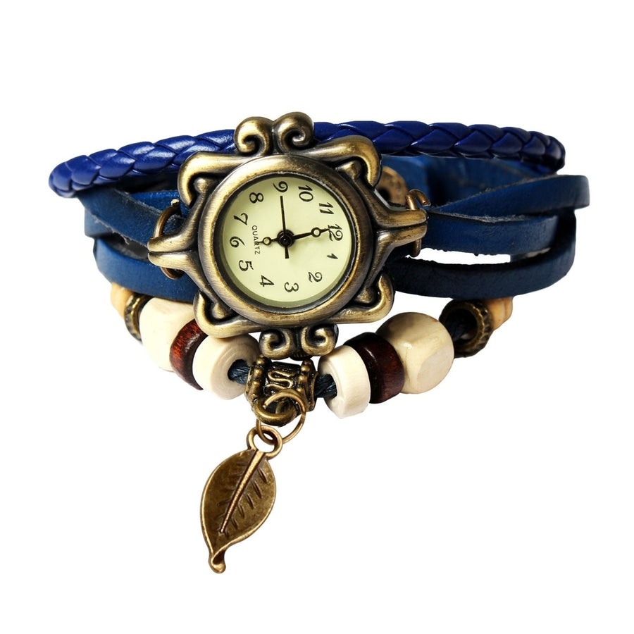 Beautiful Bohemian Style Retro Handmade Leather Tree Leaf Womens Watches Blue Image 1