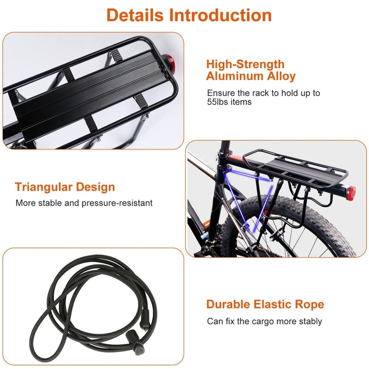 Bike Cargo Rack Adjustable Bicycle Rear Rack Cycling Luggage Carrier with Elastic Cord Red Reflector 55LBS Load Capacity Image 6