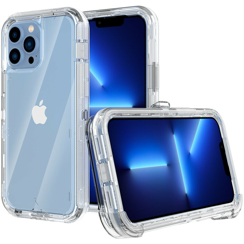 For Apple iPhone 13 6.1 Transparent Dual Layer Heavy Duty Armor Defender Hybrid Case Cover With Clip Clear Image 2