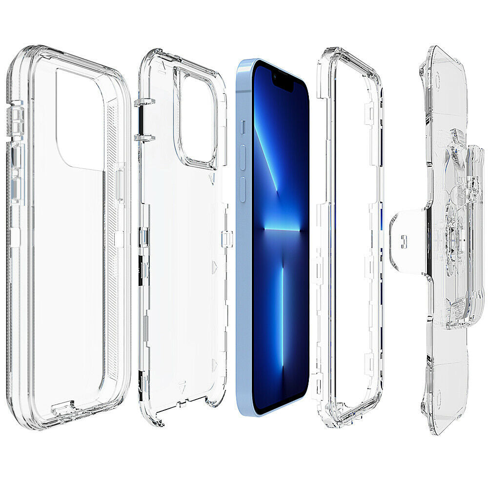 For Apple iPhone 13 6.1 Transparent Dual Layer Heavy Duty Armor Defender Hybrid Case Cover With Clip Clear Image 4