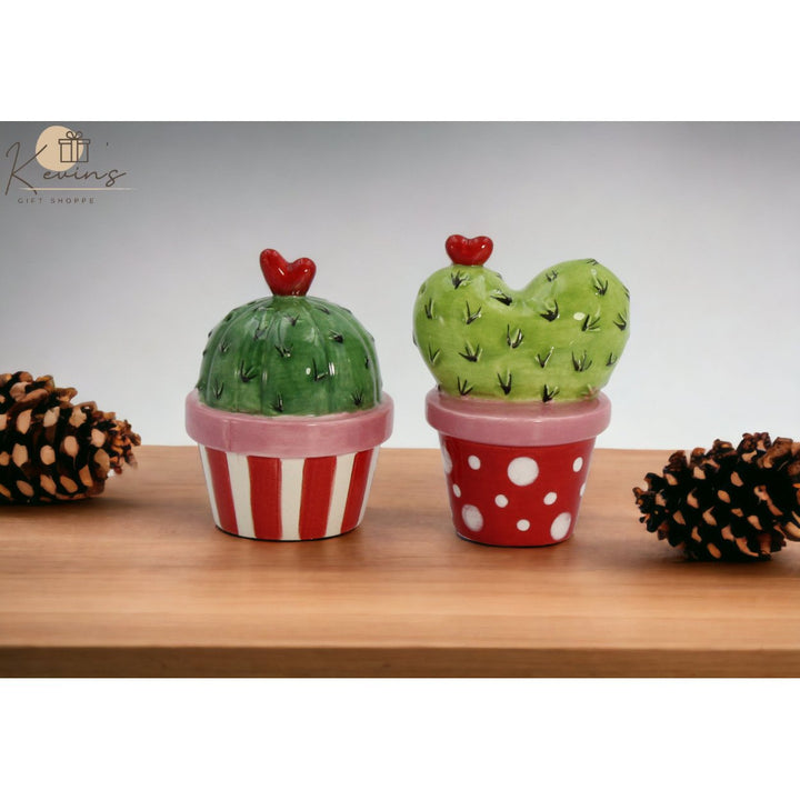 Ceramic Cactus Salt and Pepper Shakers Heart Design Image 1