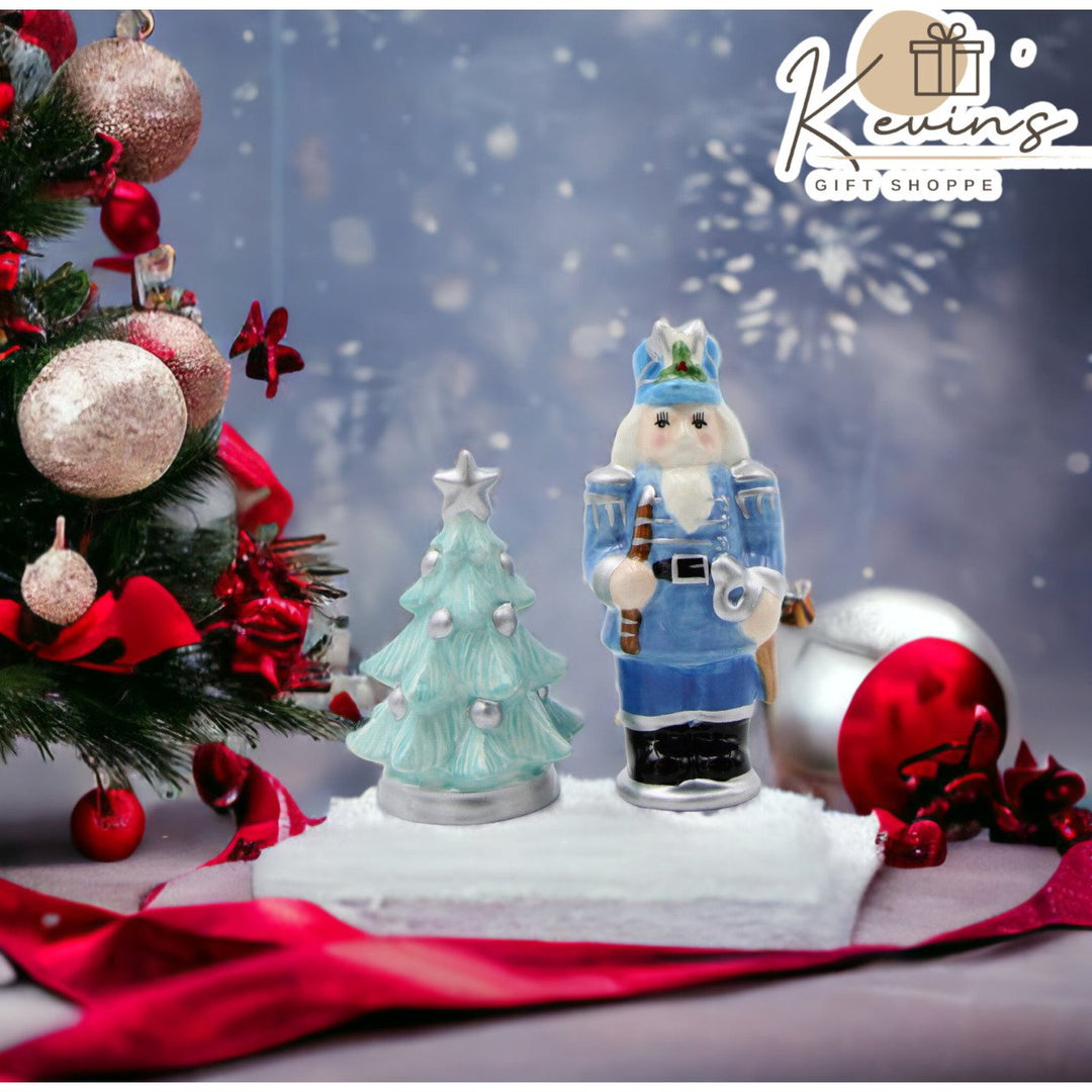 Ceramic Blue Nutcracker Christmas Tree Salt and Pepper Shakers Image 1