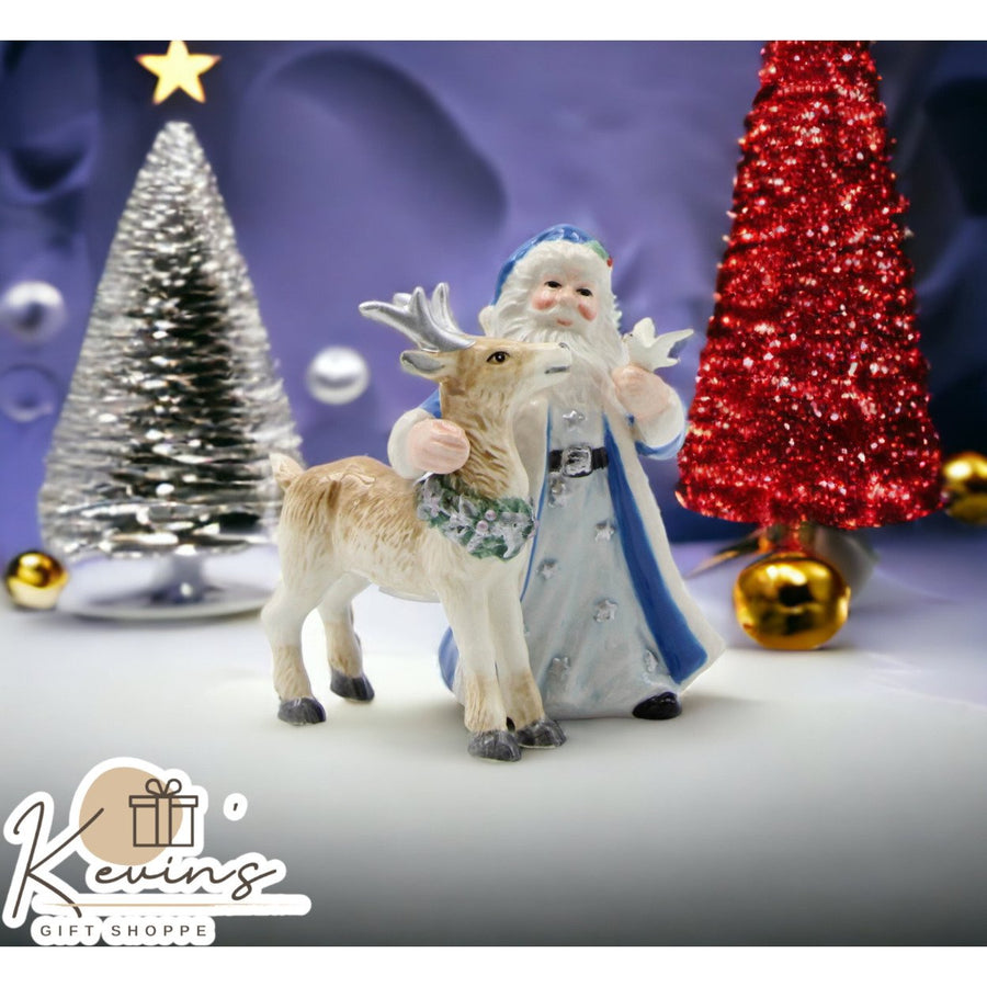 Ceramic Blue Santa Claus Reindeer Salt Pepper Shakers Image 1