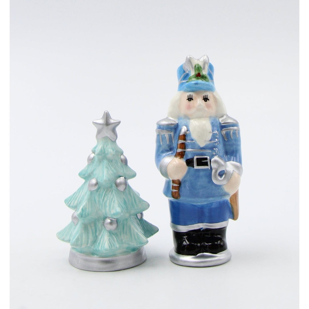 Ceramic Blue Nutcracker Christmas Tree Salt and Pepper Shakers Image 2