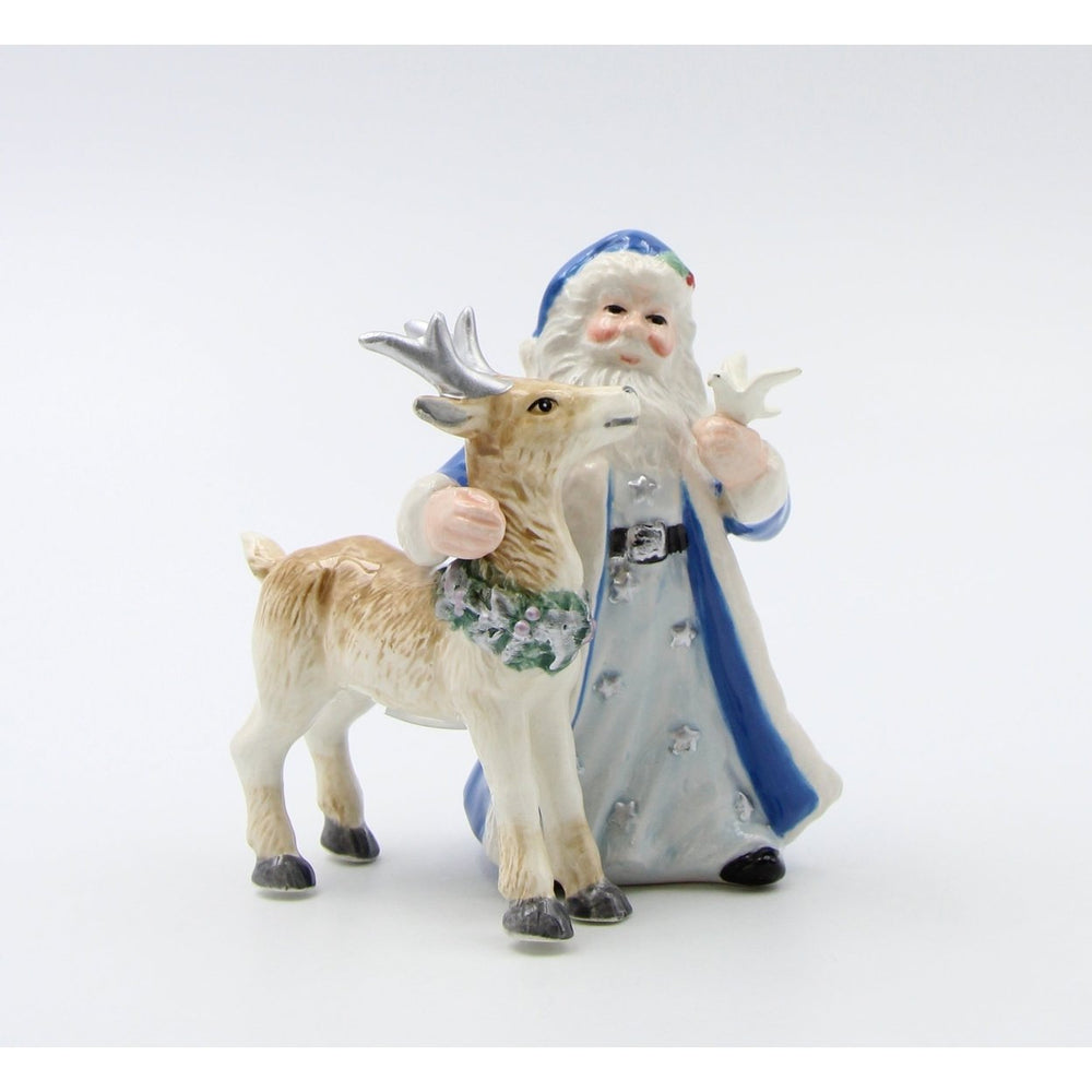 Ceramic Blue Santa Claus Reindeer Salt Pepper Shakers Image 2