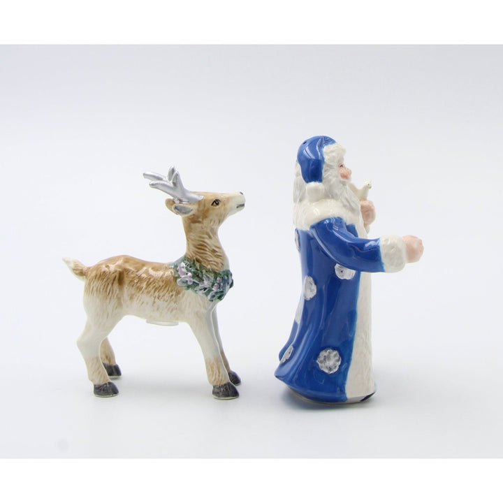 Ceramic Blue Santa Claus Reindeer Salt Pepper Shakers Image 3