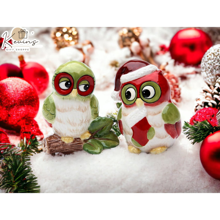 Ceramic Christmas Owl Salt and Pepper Shakers Hand Painted Gift Image 1