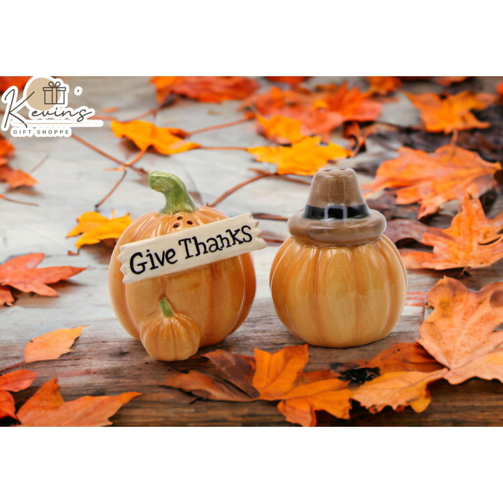 Ceramic Pumpkins with Pilgrim Hat Salt and Pepper Shakers Gift 2 pcs Image 1