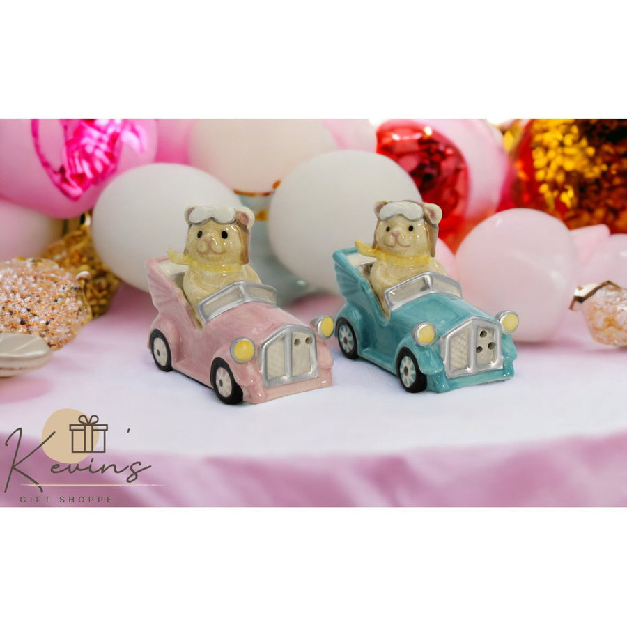 Ceramic Teddy Bear Couple Driving Car Salt and Pepper Shakers 3.875 Inch Image 1