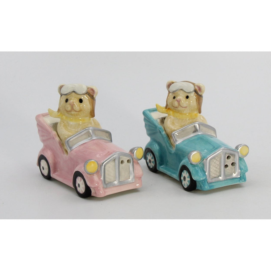 Ceramic Teddy Bear Couple Driving Car Salt and Pepper Shakers 3.875 Inch Image 2