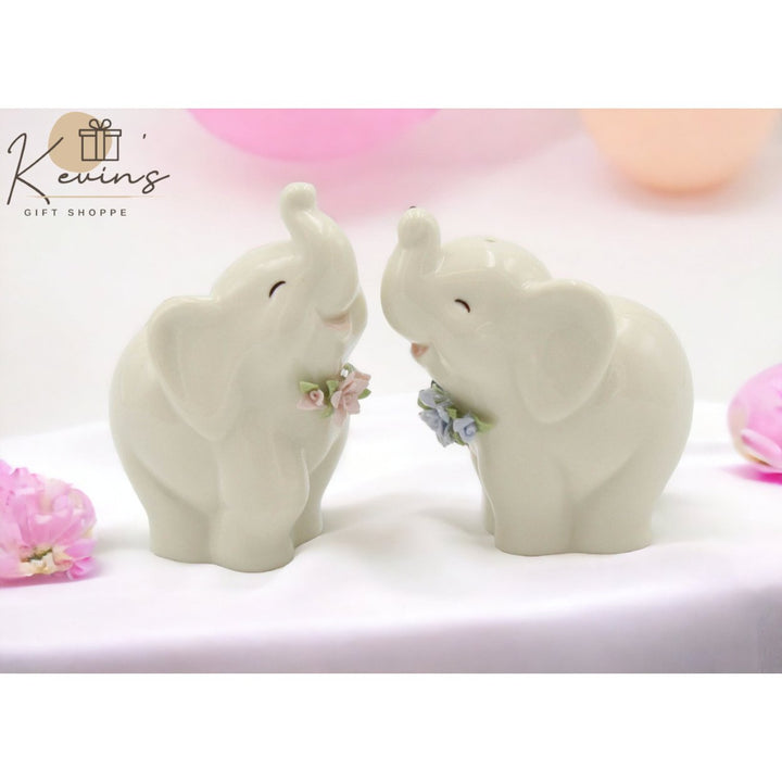 Ceramic Elephant Salt and Pepper Shakers Blue Pink Flowers 3 inch Gift Image 1