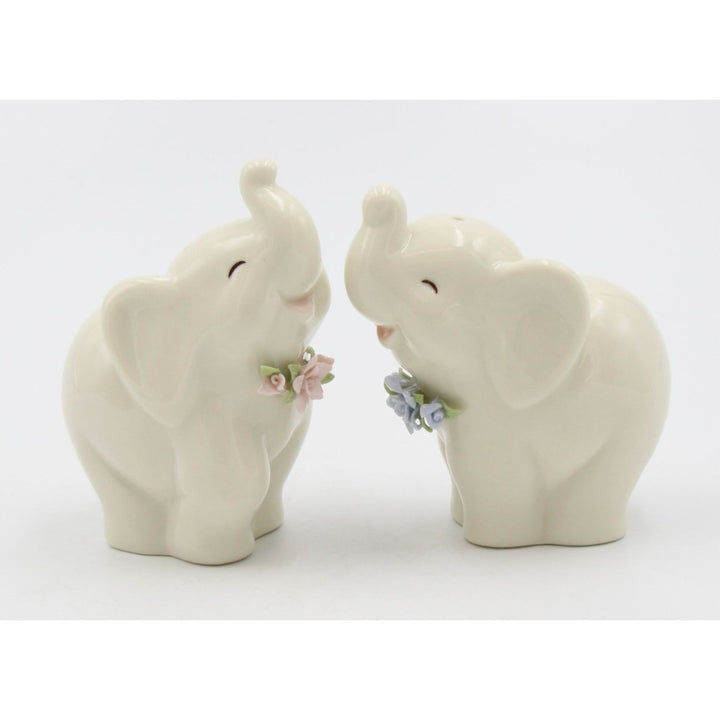 Ceramic Elephant Salt and Pepper Shakers Blue Pink Flowers 3 inch Gift Image 2