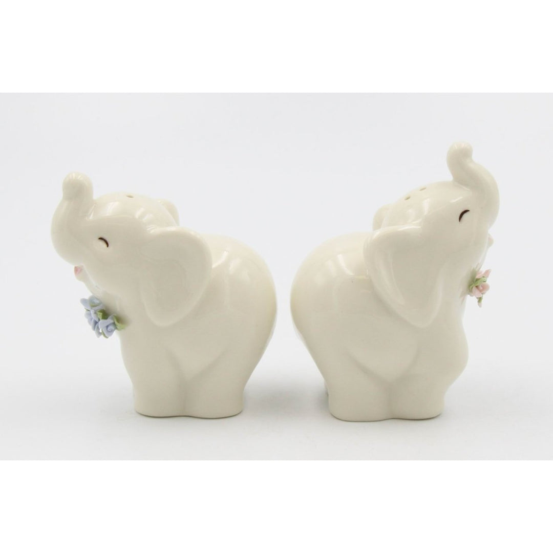 Ceramic Elephant Salt and Pepper Shakers Blue Pink Flowers 3 inch Gift Image 3