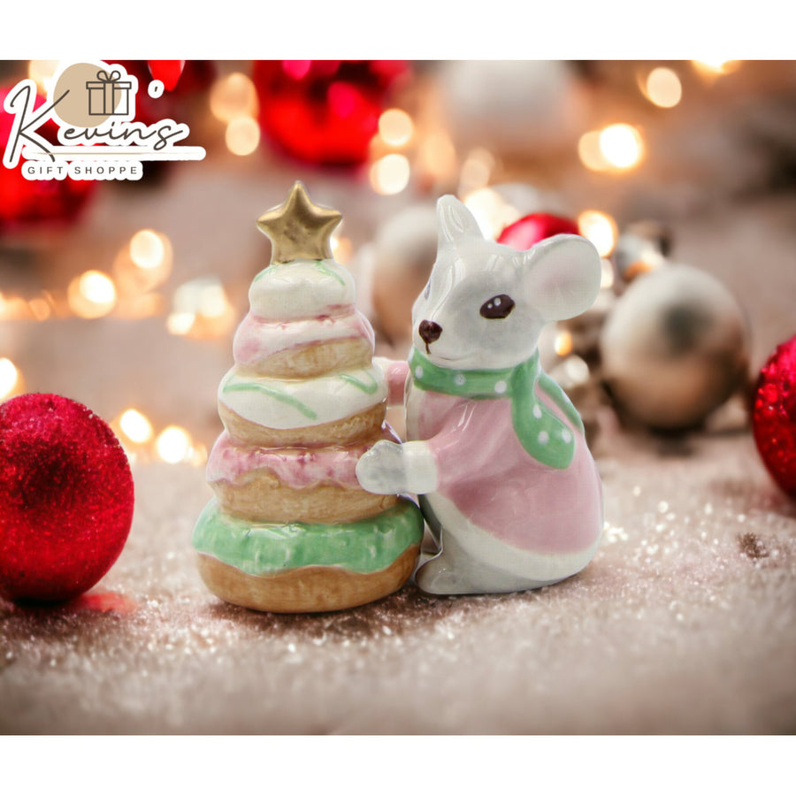 Ceramic Pastel Color Mouse with Donut Tree Salt and Pepper ShakersHome DcorKitchen DcorChristmas Dcor Image 1
