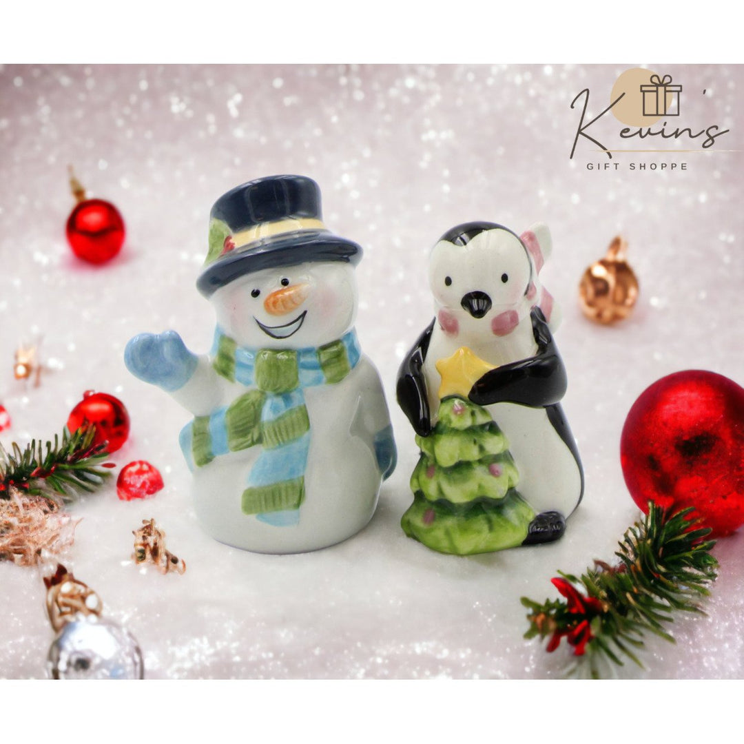 Ceramic Pastel Snowman Penguin Salt Pepper Shakers Image 1