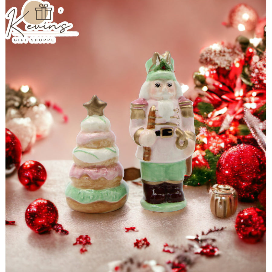 Ceramic Pastel Color Nutcracker and Donut Tree Salt And PepperHome DcorKitchen DcorChristmas Dcor Image 1