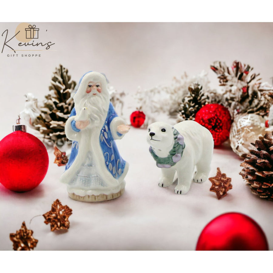 Ceramic Santa Polar Bear Salt and Pepper Shakers Blue Christmas Gift Image 1