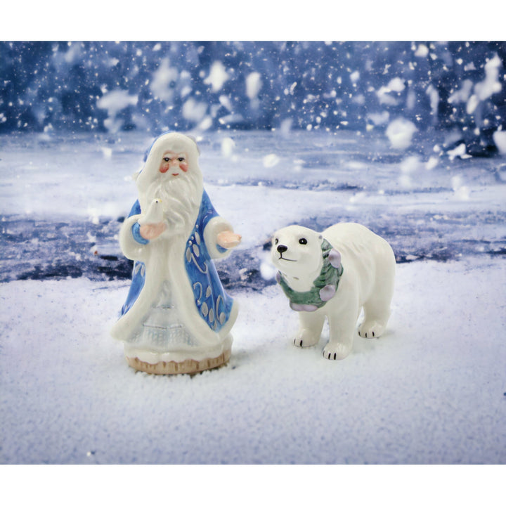 Ceramic Santa Polar Bear Salt and Pepper Shakers Blue Christmas Gift Image 2