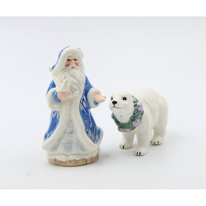 Ceramic Santa Polar Bear Salt and Pepper Shakers Blue Christmas Gift Image 3