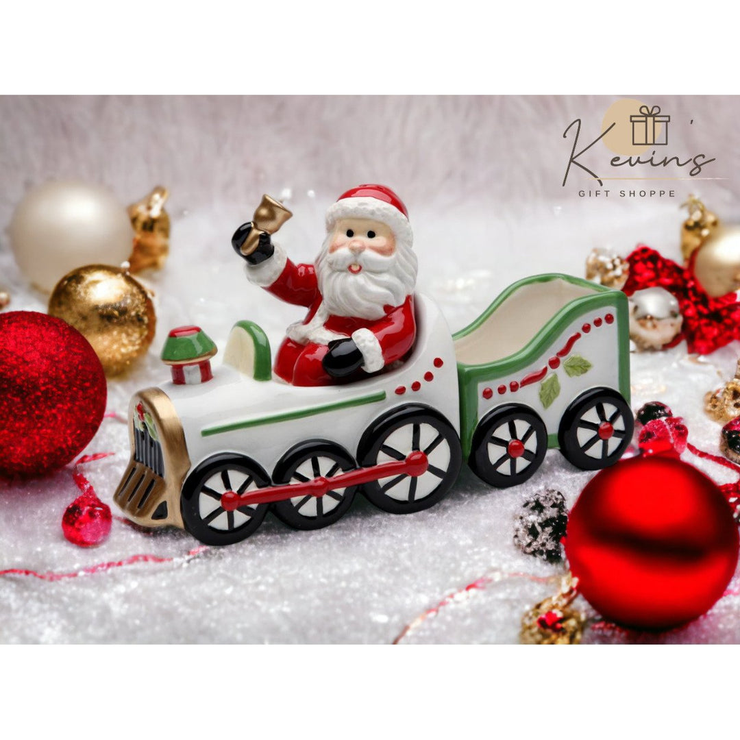 Ceramic Santa Driving Train Salt and Pepper Shakers with Sugar Pack Holder 6.25" Image 1