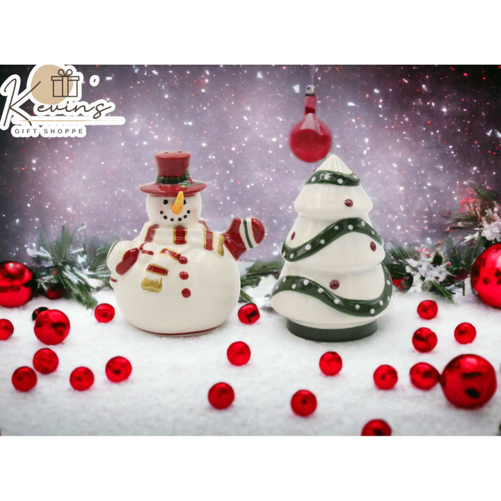 Ceramic Snowman Christmas Tree Salt and Pepper Shakers Gift Set Image 1