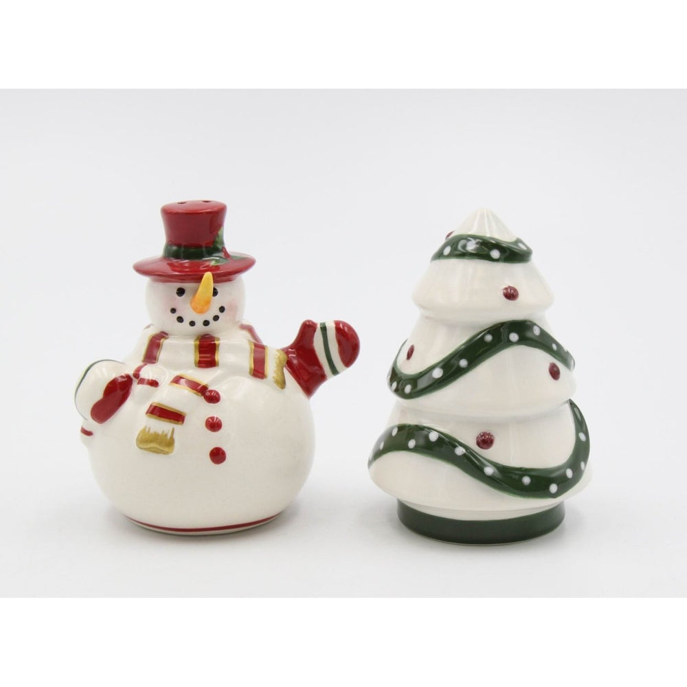 Ceramic Snowman Christmas Tree Salt and Pepper Shakers Gift Set Image 2