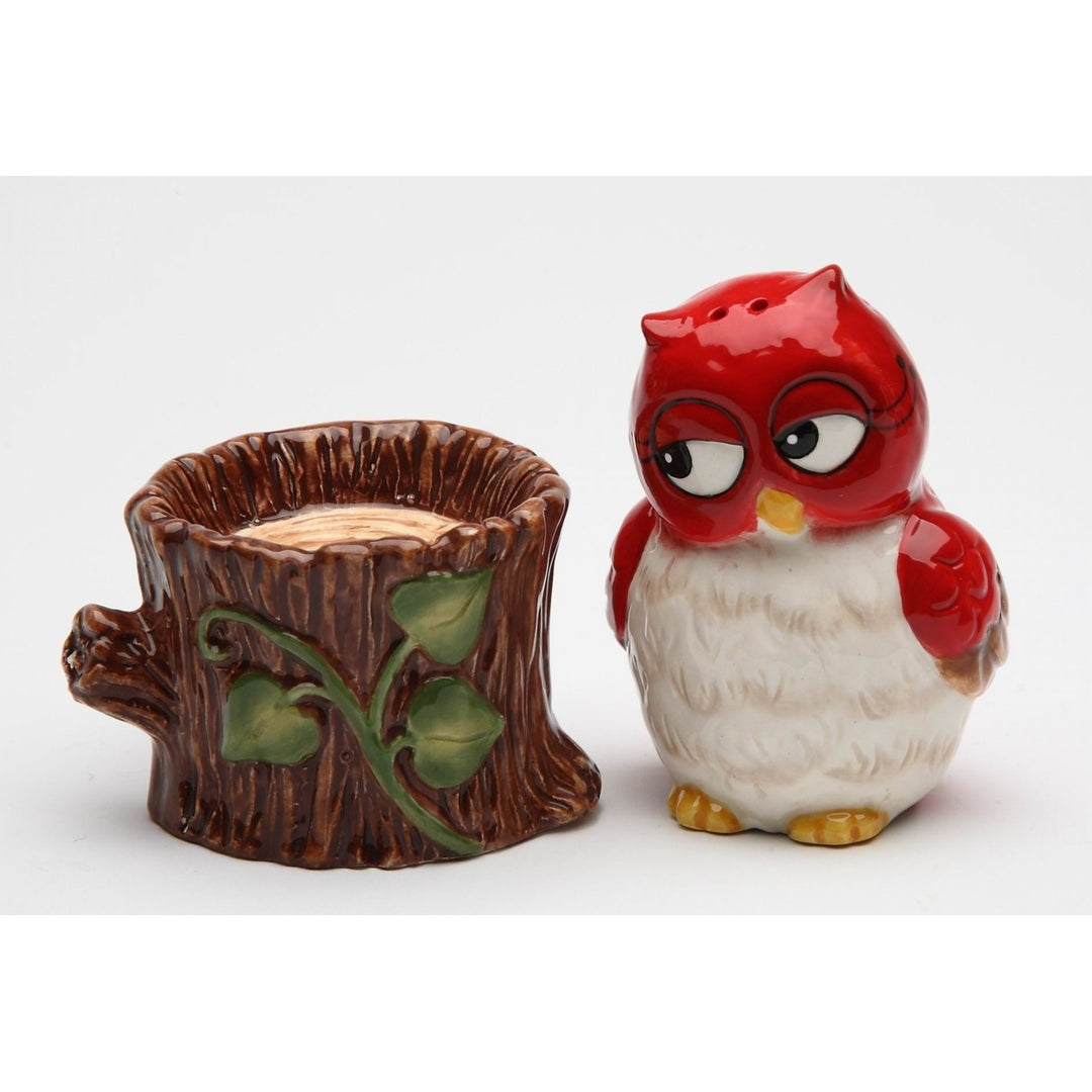 Ceramic Owl Salt and Pepper Shakers Tree Stump  Birdwatcher Image 3