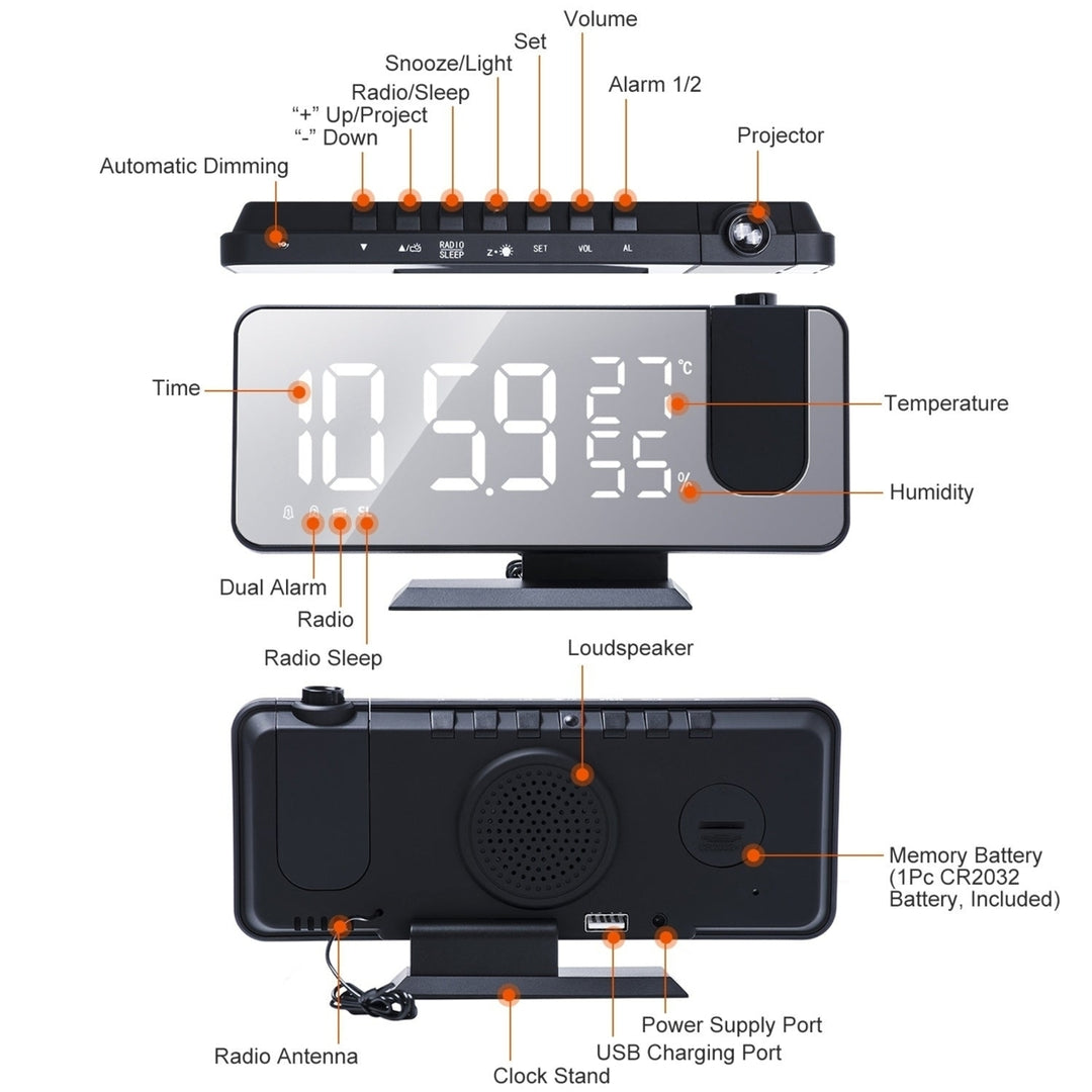 Projection Alarm Clock with Radio Function 7.5In Mirror LED Digital Alarm Clock Image 2