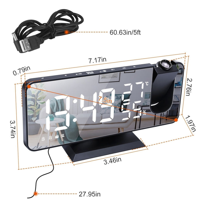 Projection Alarm Clock with Radio Function 7.5In Mirror LED Digital Alarm Clock Image 3