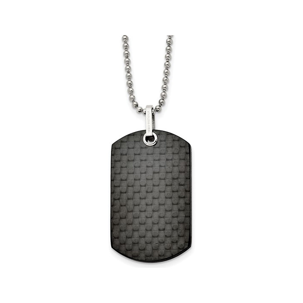 Mens Black Carbon Fiber Dog Tag Pendant Necklace in Stainless Steel with Chain (24 Inches) Image 1