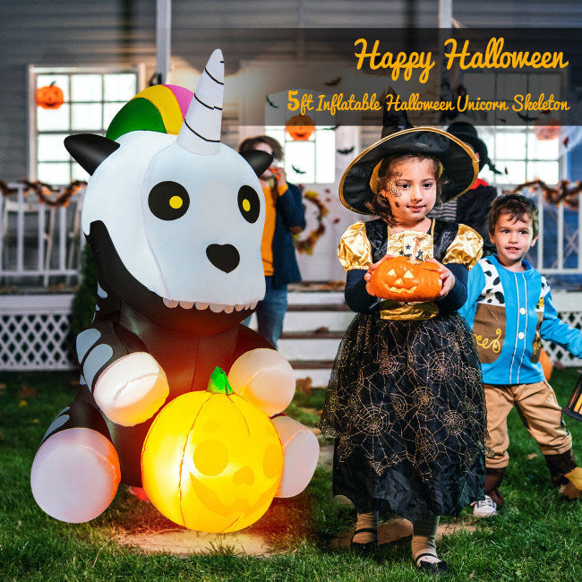 5 Feet Halloween Inflatable Unicorn Skeleton with Pumpkin Lantern Image 2