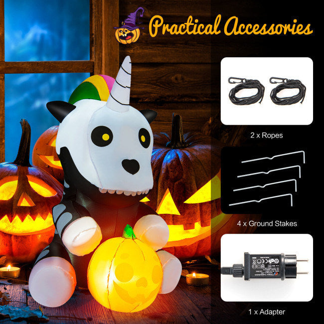 5 Feet Halloween Inflatable Unicorn Skeleton with Pumpkin Lantern Image 3