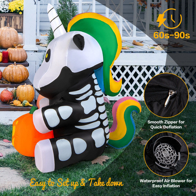 5 Feet Halloween Inflatable Unicorn Skeleton with Pumpkin Lantern Image 7