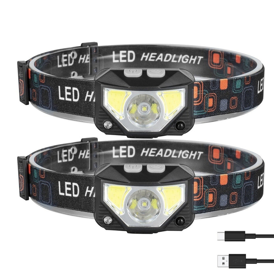 2Packs Rechargeable Motion Sensor Headlamp 6 Light Modes Headlight Torch Flashlight for Fishing Running Camping Hiking Image 1
