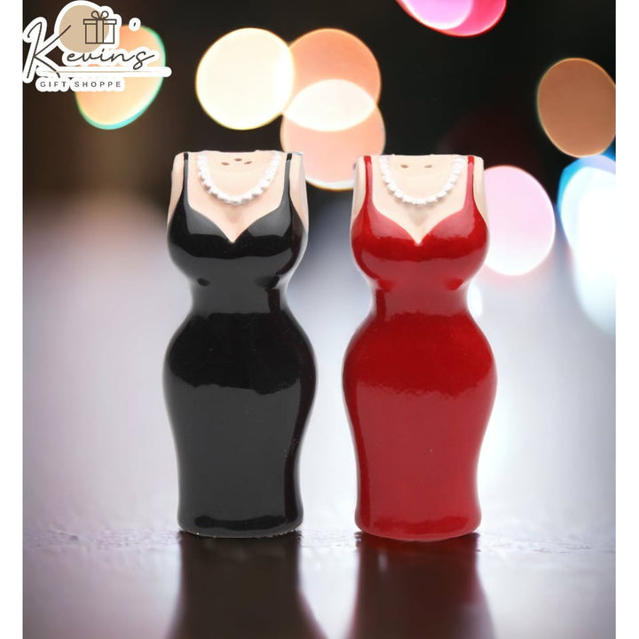 Ceramic Salt and Pepper Shakers Black and Red Dress 3.5 inches Image 1