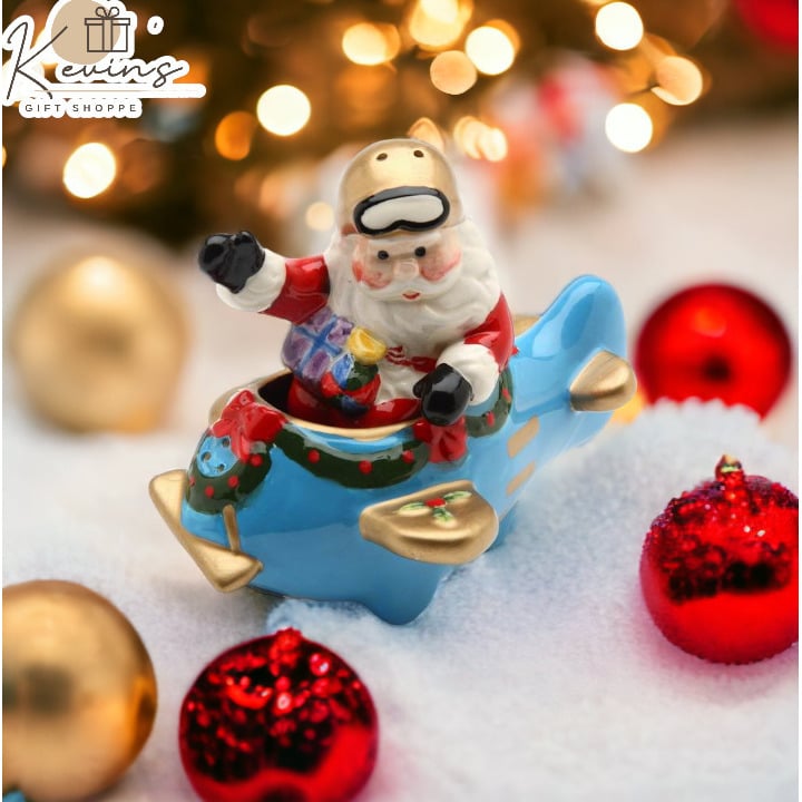 Ceramic Santa Flying Blue Airplane Salt and Pepper Shakers Christmas Image 1