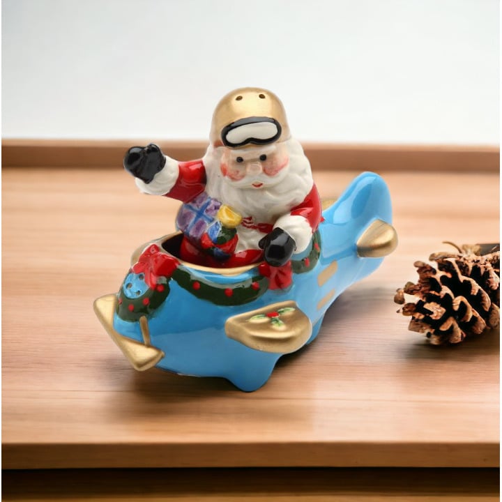 Ceramic Santa Flying Blue Airplane Salt and Pepper Shakers Christmas Image 2