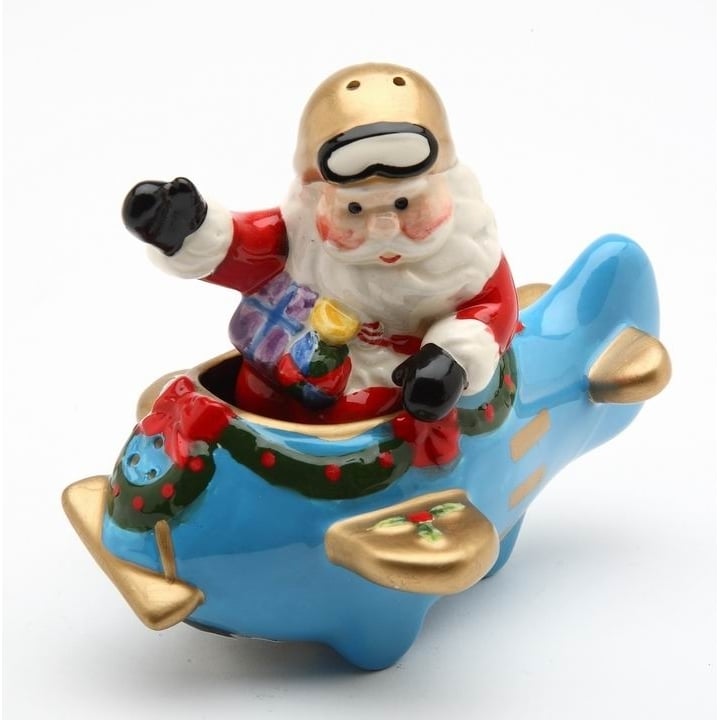 Ceramic Santa Flying Blue Airplane Salt and Pepper Shakers Christmas Image 3